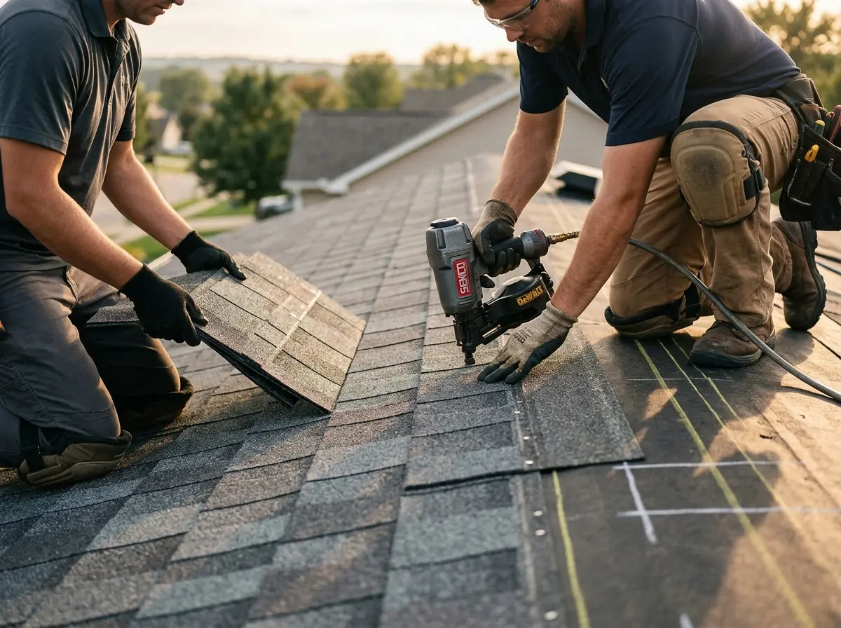 Professional roofer working on a residential roof in Mount Lebanon